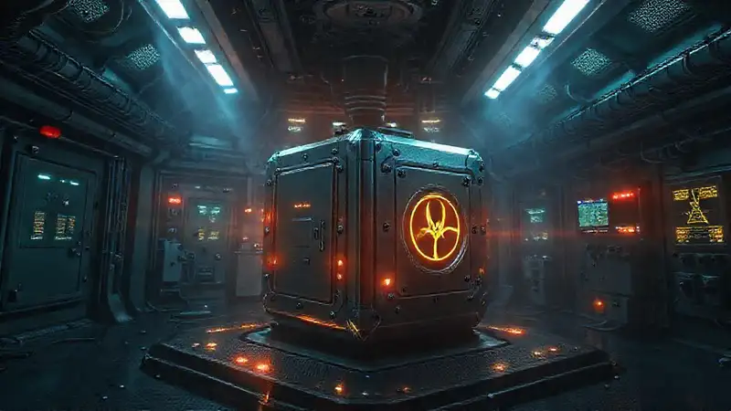 Cubo metálico emite pulsos en laboratorio futurista