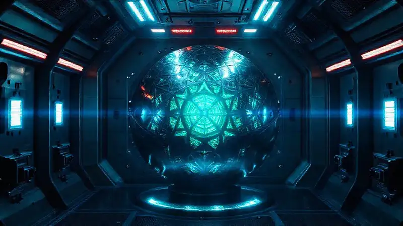 Objeto metálico misterioso en laboratorio futurista
