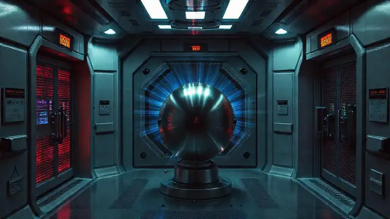 Sala de contención con objeto misterioso y avanzado