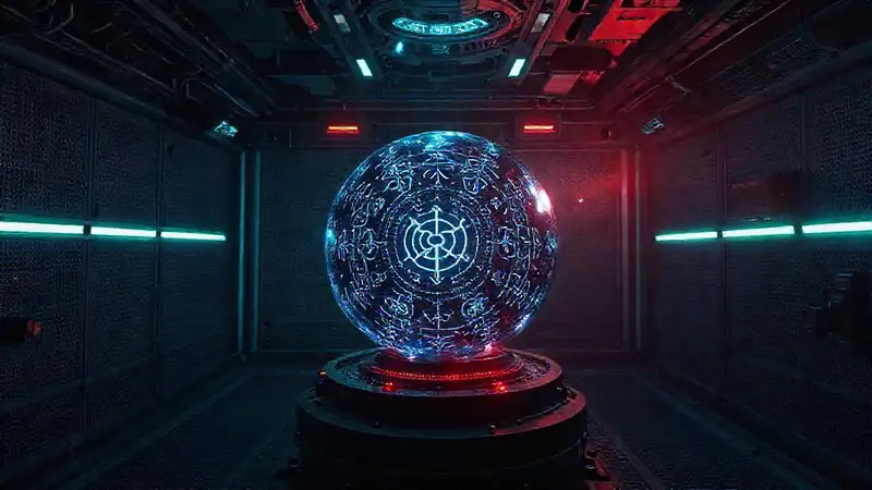 Esfera de cristal fractal con símbolos y seguridad