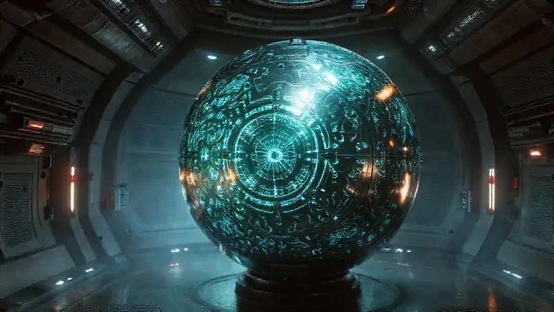 Esfera metálica luminosa en entorno futurista seguro
