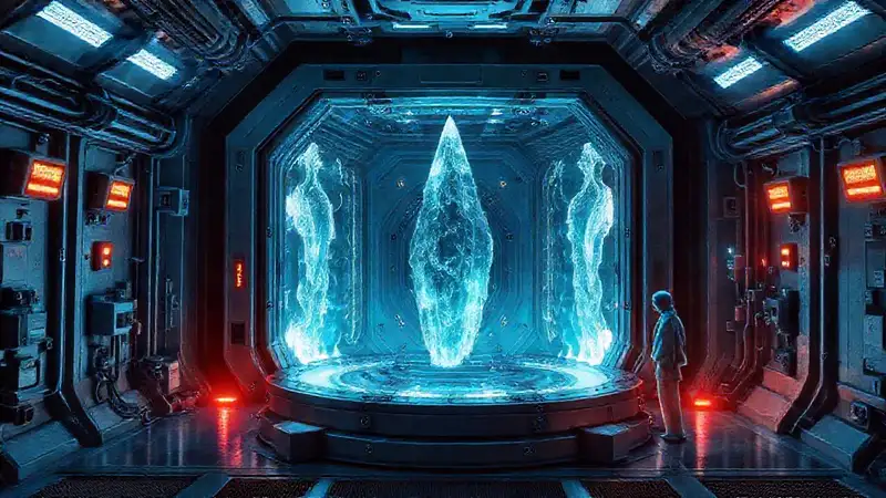 Cámara metálica segura con estructura cristalina futurista