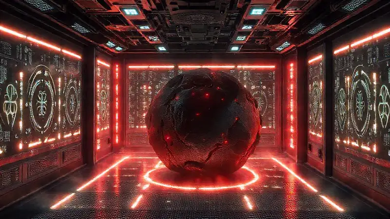 Cuarto secreto con campos electromagnéticos y símbolos