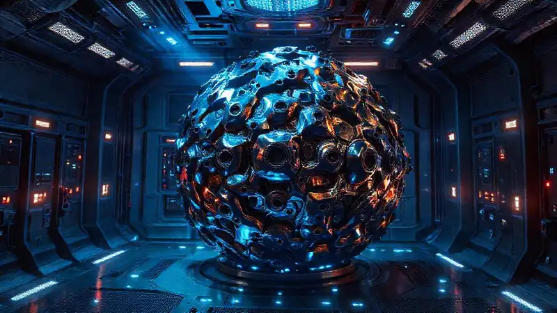Estructura alienígena metálica en cámara futurista