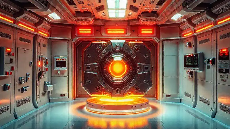 Sala segura con objeto metálico y energía brillante