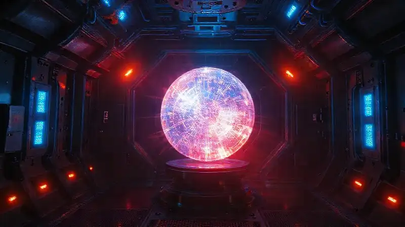 Esfera luminosa misteriosa en cámara futurista