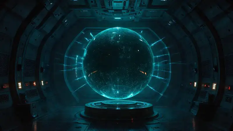 Esfera luminosa en cámara futurista y tensa