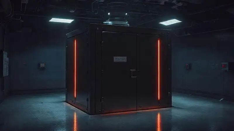 Cubo metálico oscuro en jaula clínica minimalista