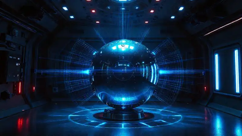 Esfera metálica misteriosa en laboratorio futurista