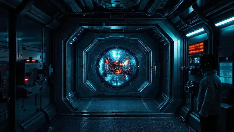 Habitan objeto iridiscente en sala segura futurista