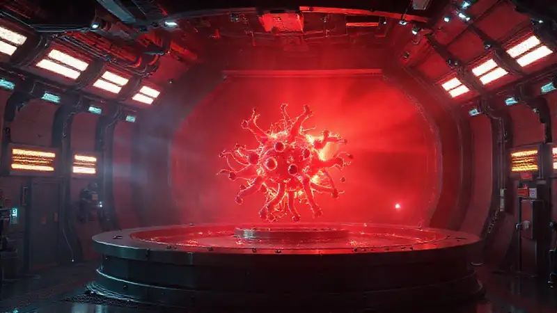 Estructura biomolecular resplandeciente en claro entorno futurista