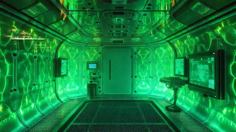 Cámara futurista con líquido iridiscente brillante