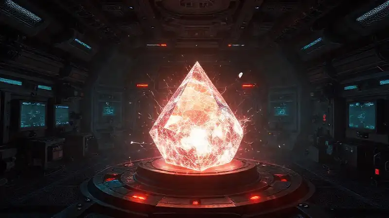 Prisma energético en cámara futurista tensa