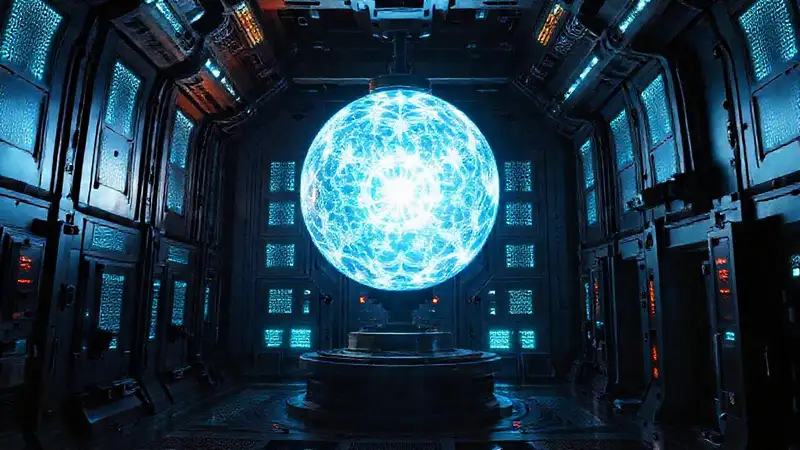 Esfera luminosa en laboratorio futurista controlado
