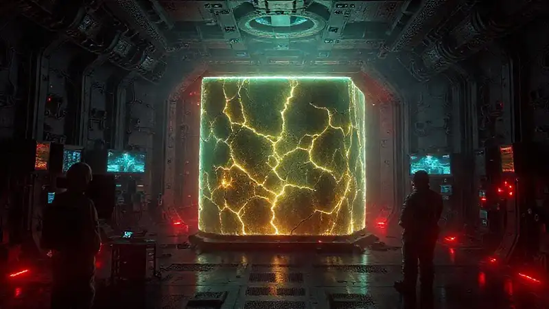 Cápsula de contención con cristal brillante y radiación