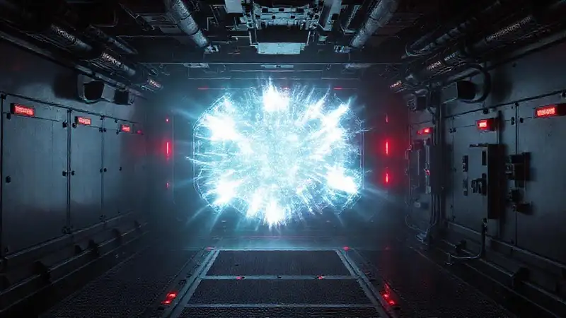 Laboratorio futurista con campo energético y seguridad