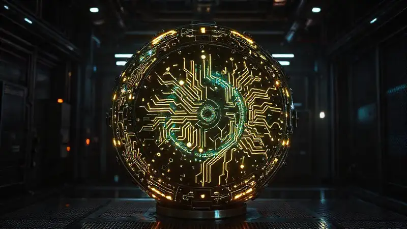 Esfera metálica con circuitos en un entorno futurista