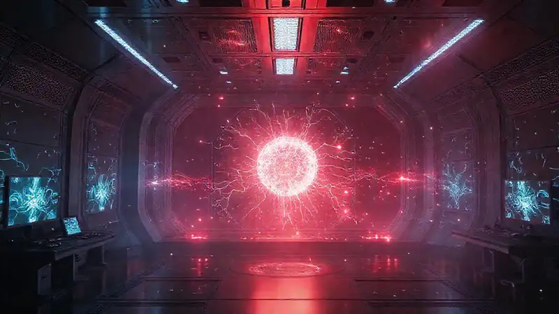 Energía misteriosa en cámara futurista y control
