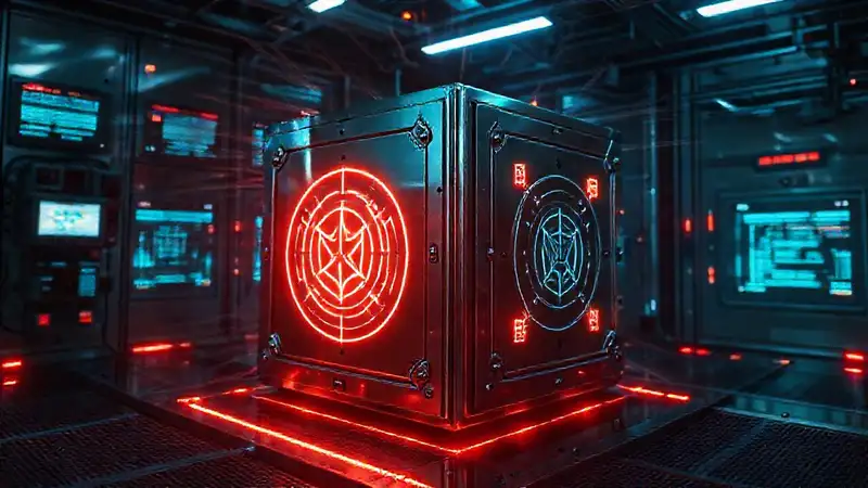 Cubo metálico con runas y campo electromagnético