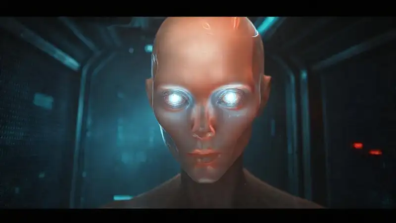 Figura misteriosa con ojos luminosos en encierro futurista