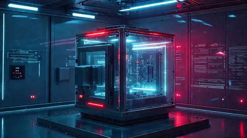 Cubo misterioso en contención futurista luminosa