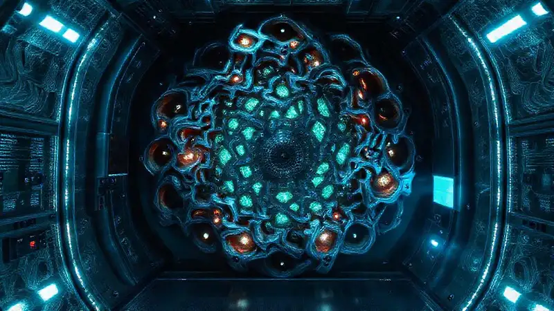 Estructura metálica fractal en laboratorio futurista