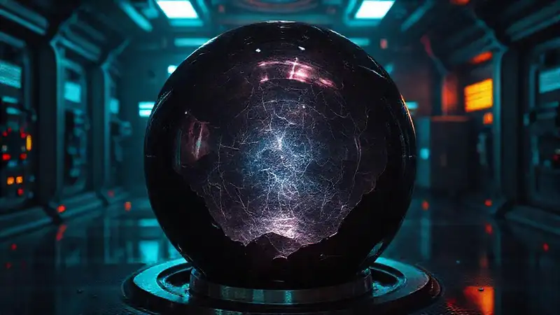Esfera metálica luminosa en cámara futurista
