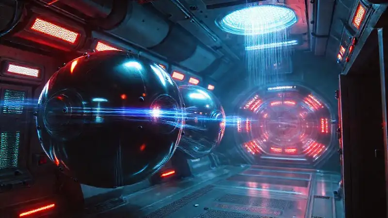 Orbes metálicos en un laboratorio futurista