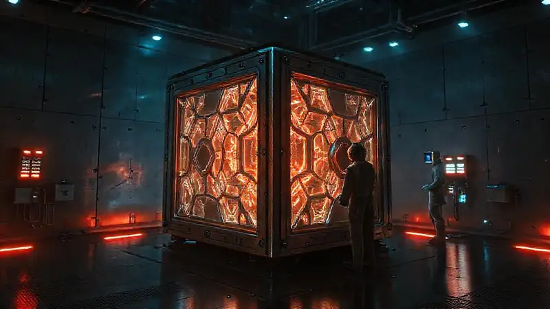 Cubo metálico misterioso con energía y seguridad