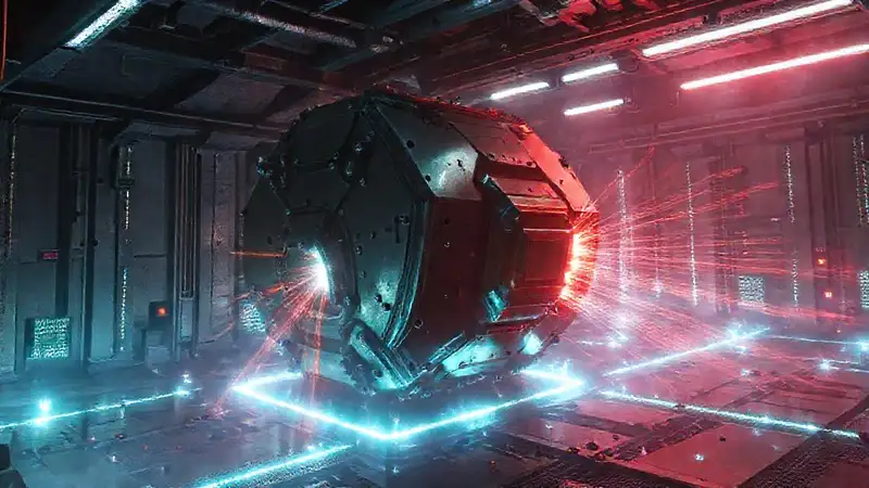 Estructura metálica peligrosa en entorno futurista