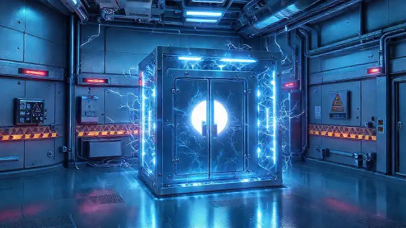 Cubículo metálico con campo electromagnético brillante