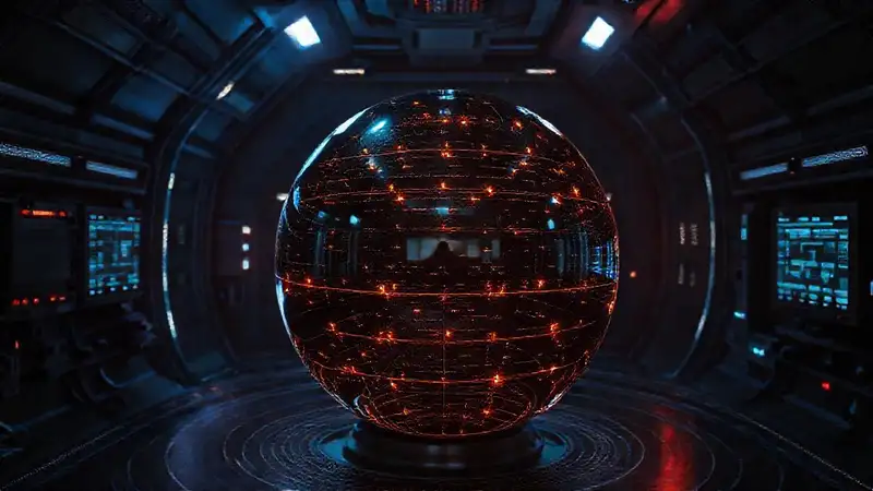 Esfera metálica brillante en contención futurista