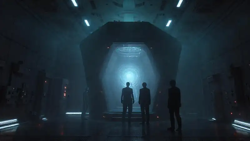 Estructura misteriosa con energía y figuras humanas