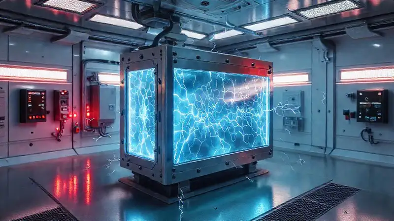 Objeto metálico emitiendo energía en contención segura