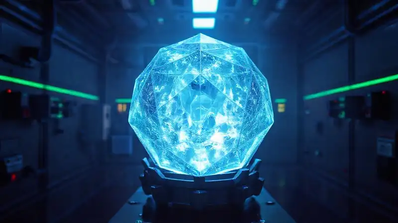 Cristal geométrico brillante en entorno misterioso