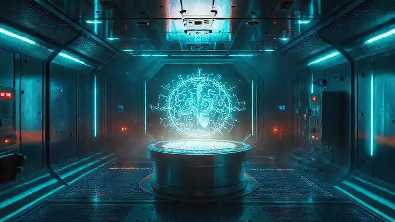 Habitáculo futurista con tensión y luces difusas