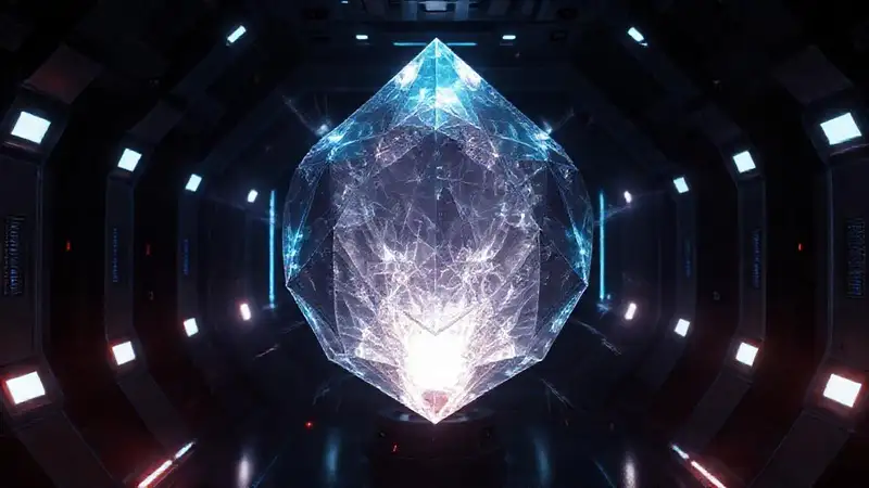 Cristal geométrico brillante en entorno futurista
