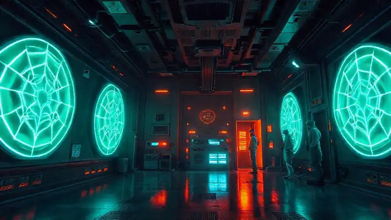 Patrones electromagnéticos misteriosos en sala futurista