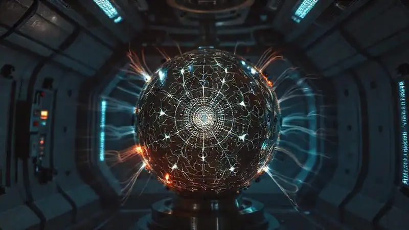 Esfera metálica luminosa en ambiente futurista
