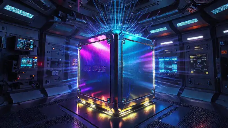 Cubículo tecnológico con cubo iridiscente y energía