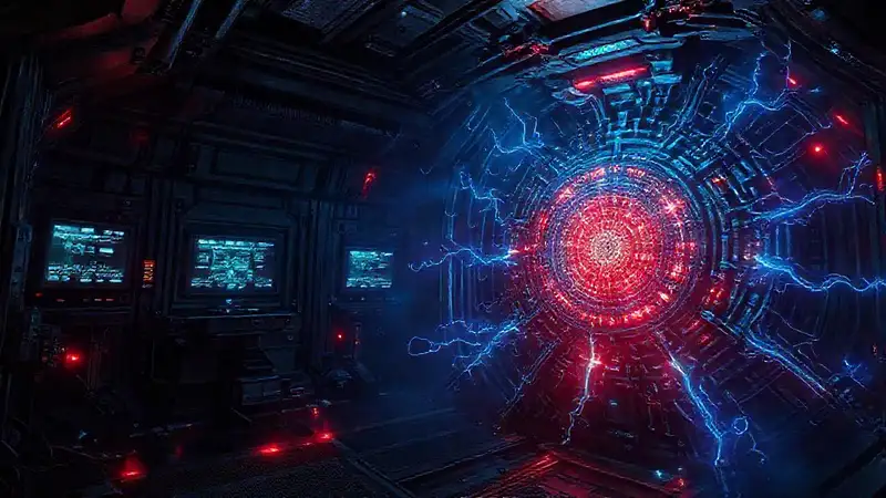 Estructura futurista tecnológica con aura de peligro