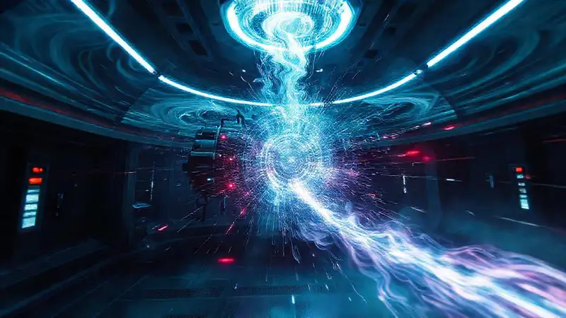 Dispositivo misterioso en entorno futurista inquietante