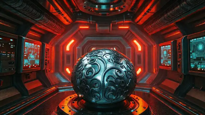 Cámara futurista con objeto misterioso y monitoreo