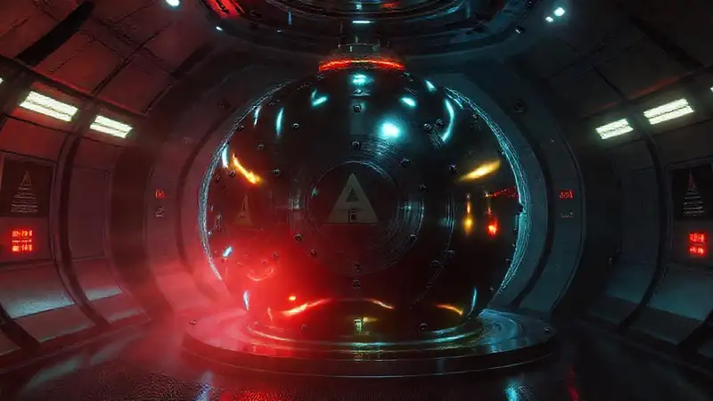 Esfera metálica misteriosa en entorno futurista
