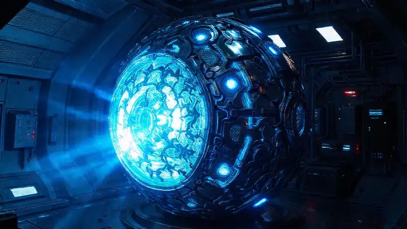 Esfera metálica futurista con patrones fractales