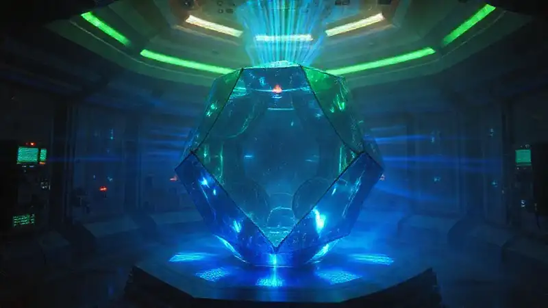 Prisma hexagonal brillante en entorno futurista