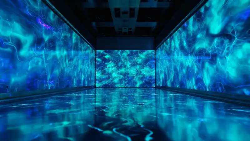 Superficie luminosa y surreal en entorno científico