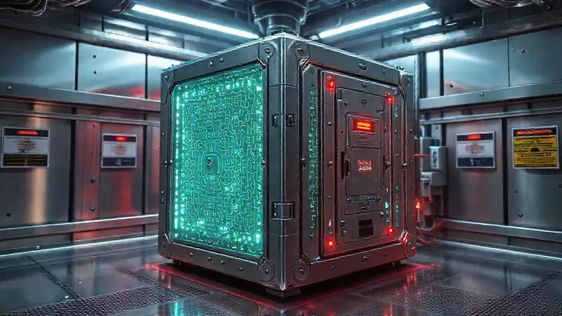 Cubo metálico futurista en cámara de seguridad