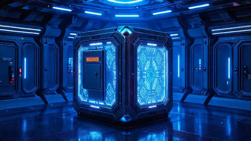 Cubo metálico futurista en sala de seguridad
