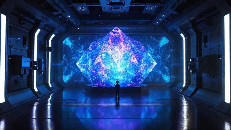 Estructura cristalina futurista en ambiente misterioso